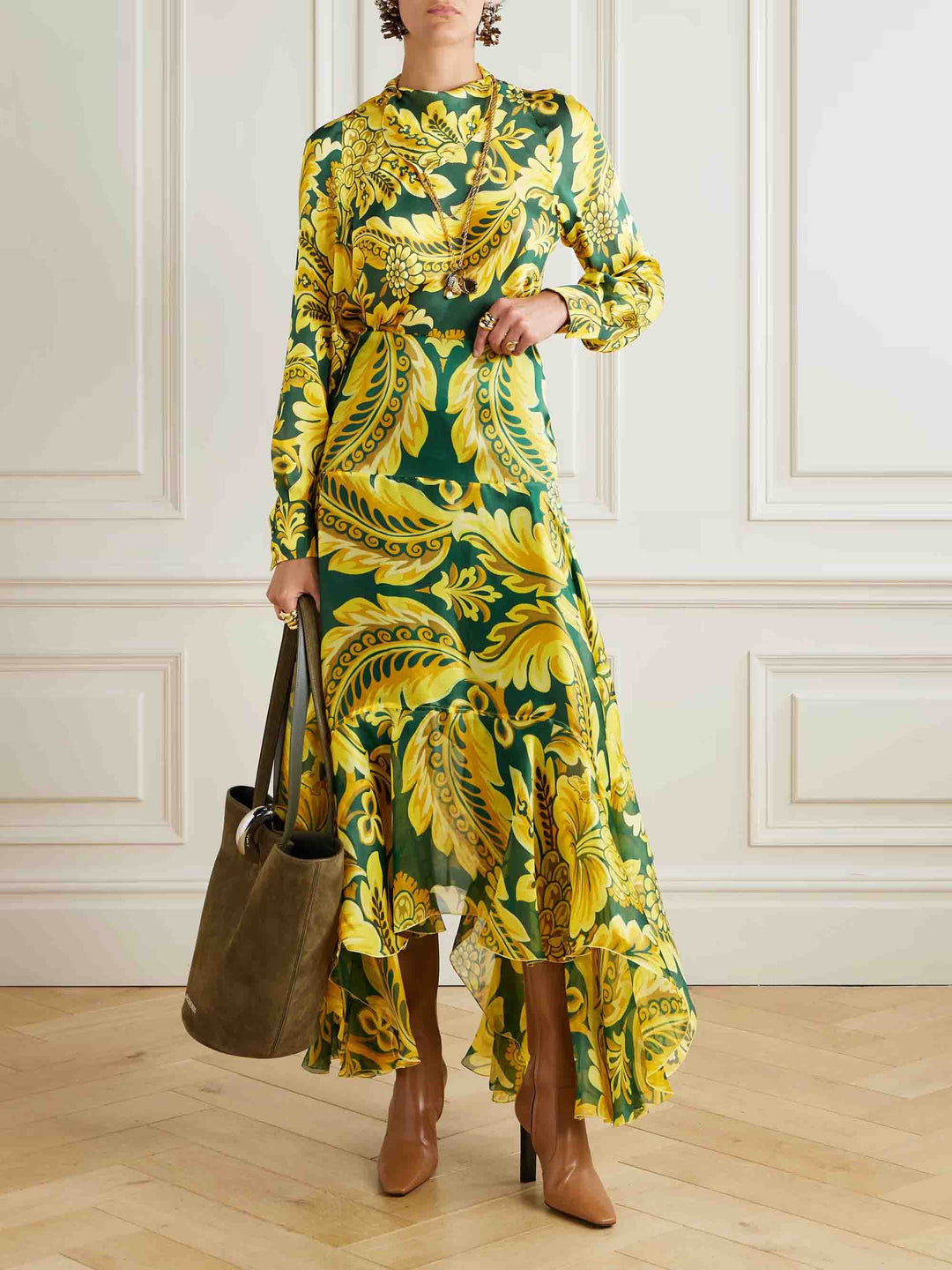 Exquisite Acanthus Leaf Floral Print Asymmetric Ruffled Skirt