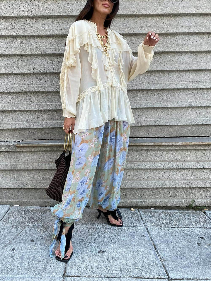 Boho Chiffon Floral Print Elastic Waist Tie-up Hem Balloon Pants