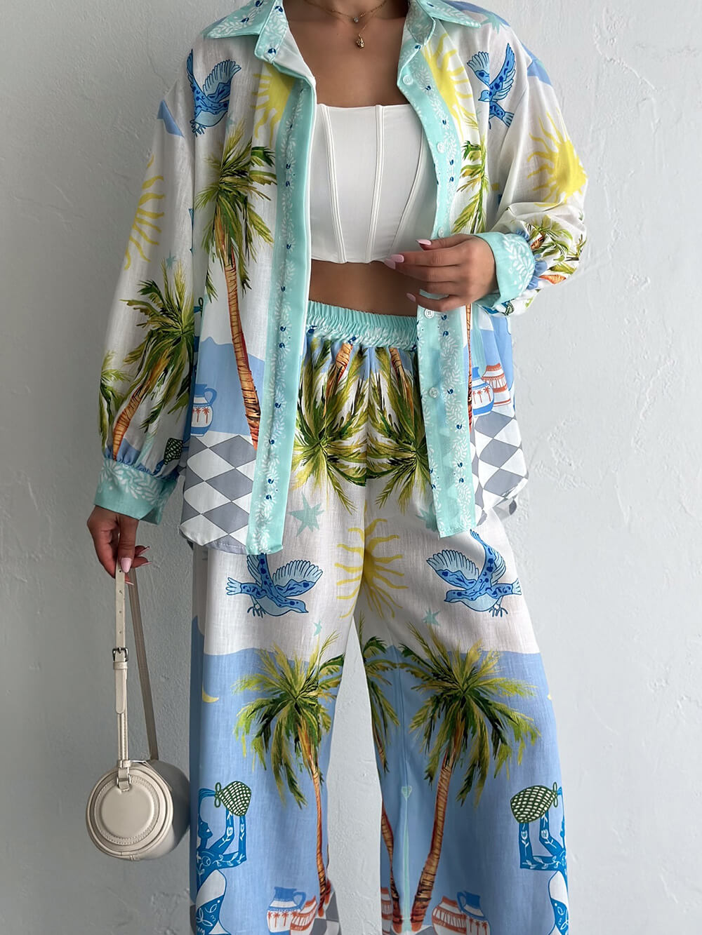 Unique Coastal Palm Tree Print Wide-Leg Pants