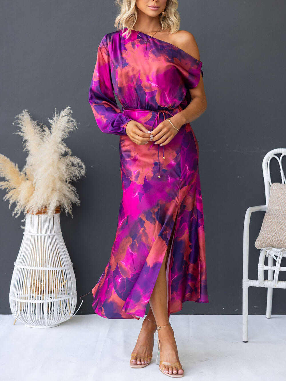 Exquisite Satin Floral Print One Shoulder Balloon Sleeve Tie-up Maxi Dress
