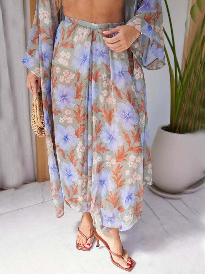 Unique Blue Floral Print Elastic Waist Lantern Pants