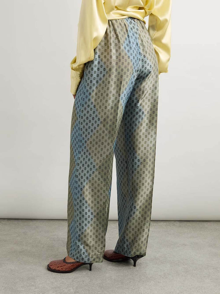 Delicate Print Satin Elastic-Waist Drawstring Straight Pants