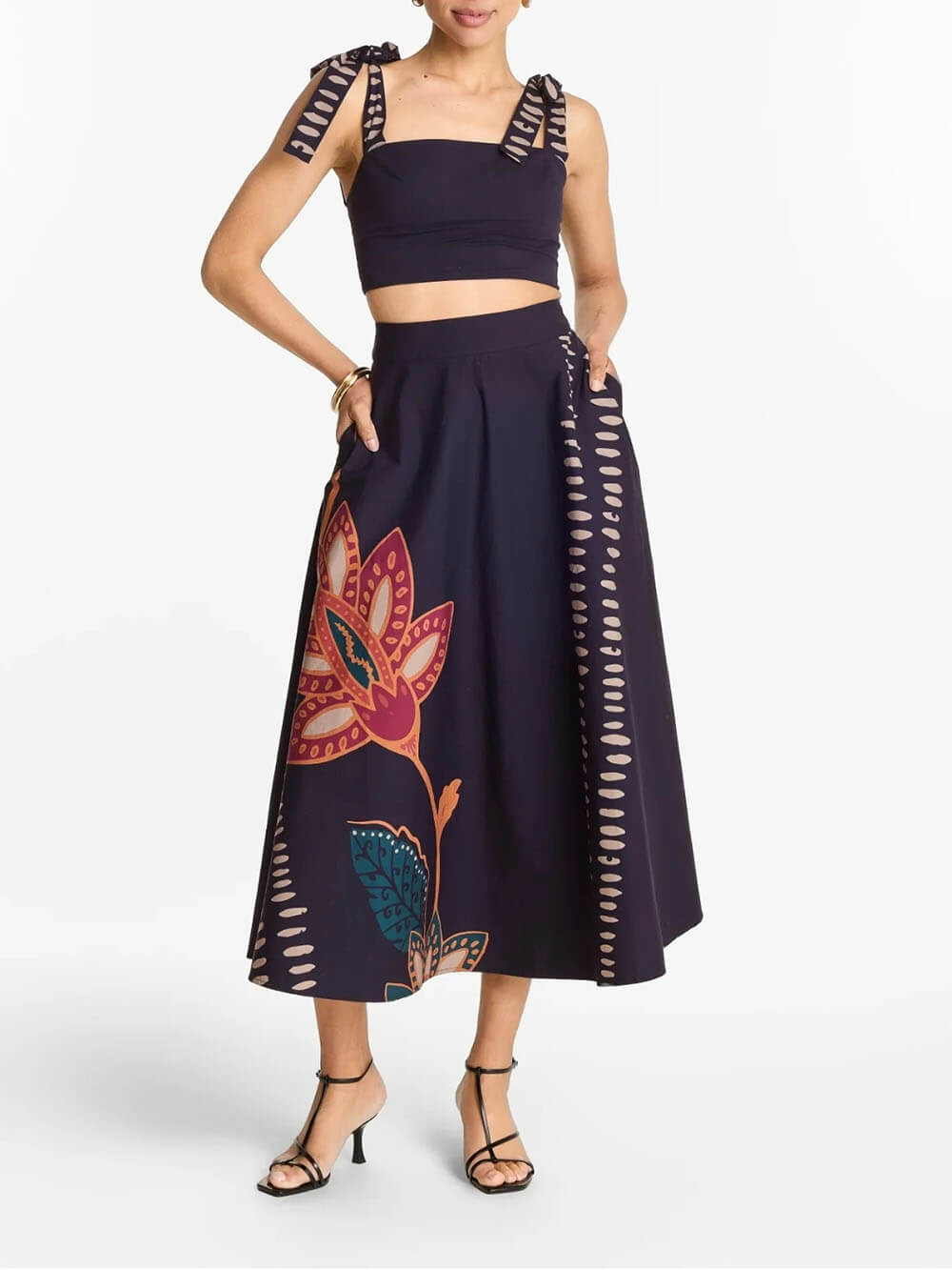Exquisite Floral Print A-Line Pockets High-Waist Midi Skirt