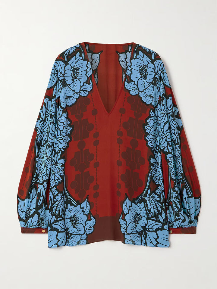 Unique Color-Block Print V-Neck Satin Loose Shirt