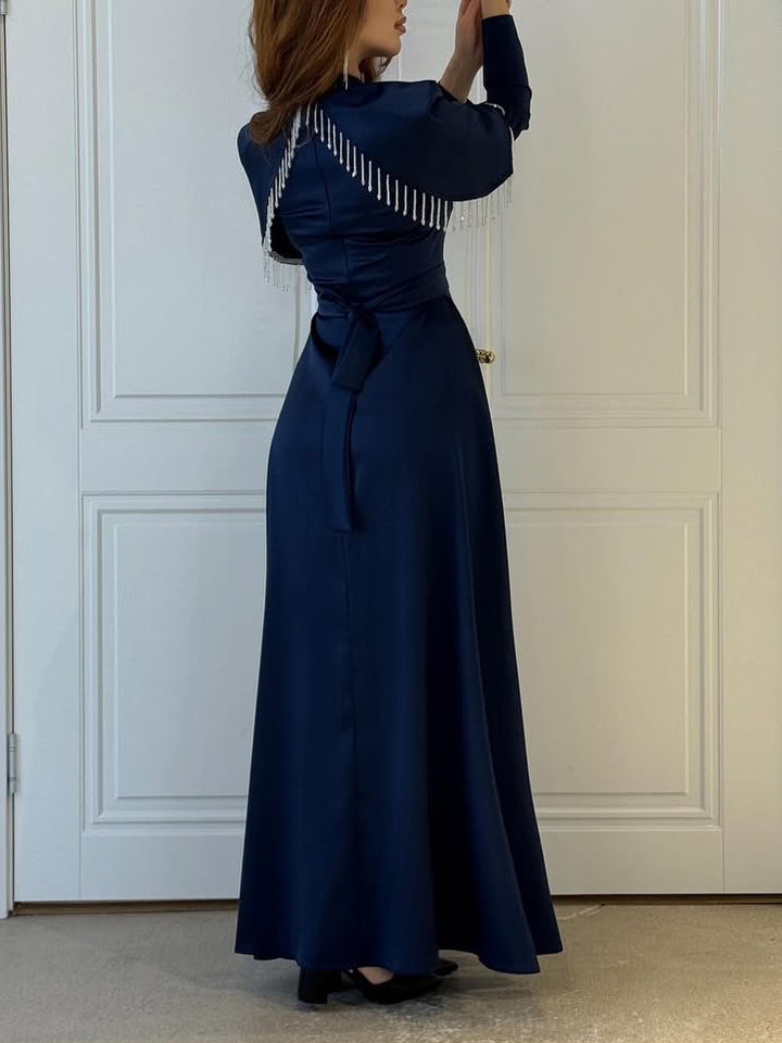 Elegant Satin Cape-Detail Long-Sleeve Maxi Dress