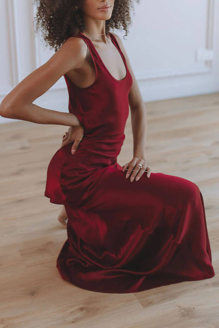 Elegant Asymmetrical Round Neck Satin Top and Fishtail Skirt Set