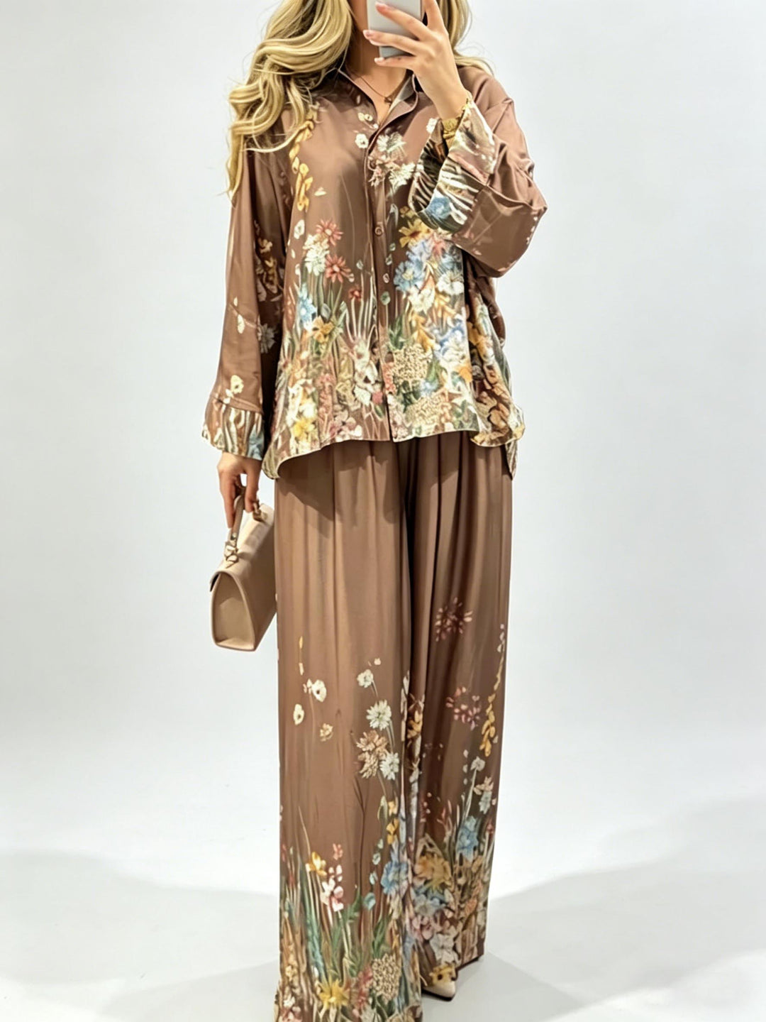 Elegant Floral Print Satin Button Shirt