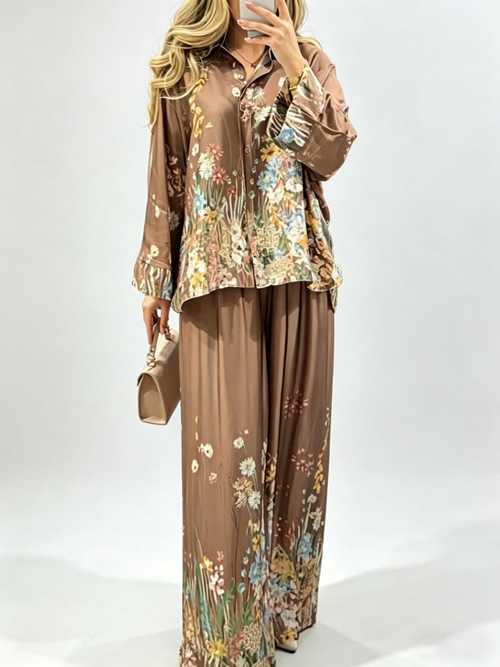 Elegant Floral Print Satin Button Shirt