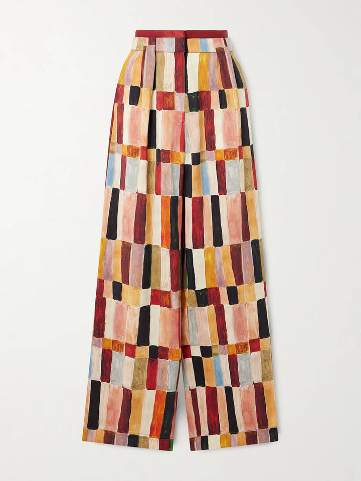 Retro Floral Print Loose Linen Elastic Waist Wide-Leg Pants