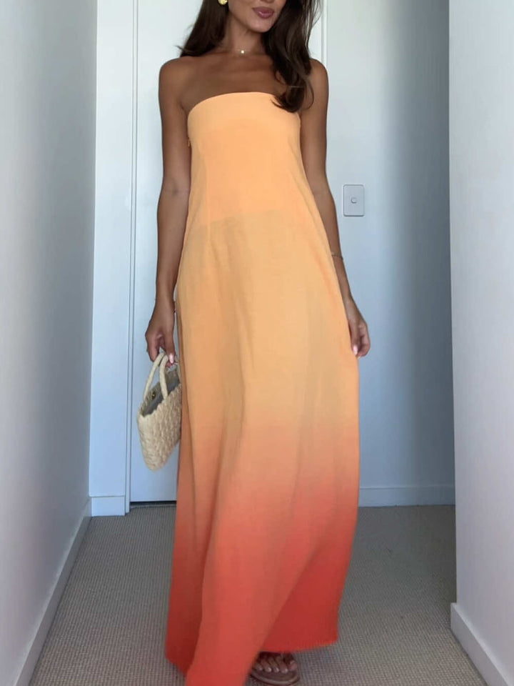 Unique Gradient Color Print Strapless Maxi Dress