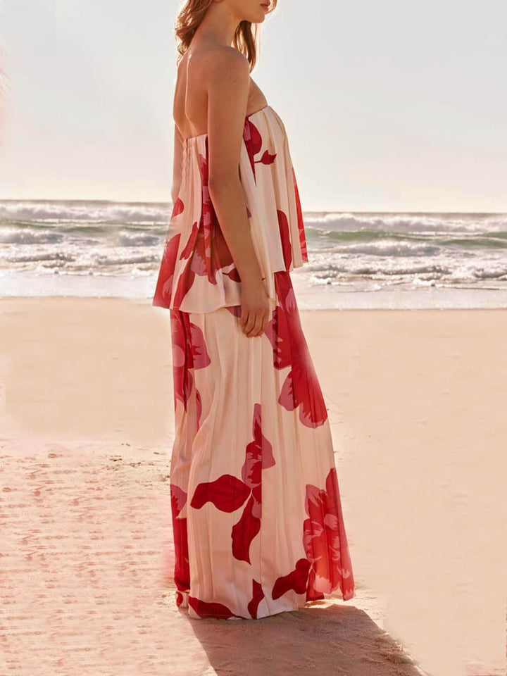 Elegant Printed Satin Ruched Pocket Wide-Leg Pants