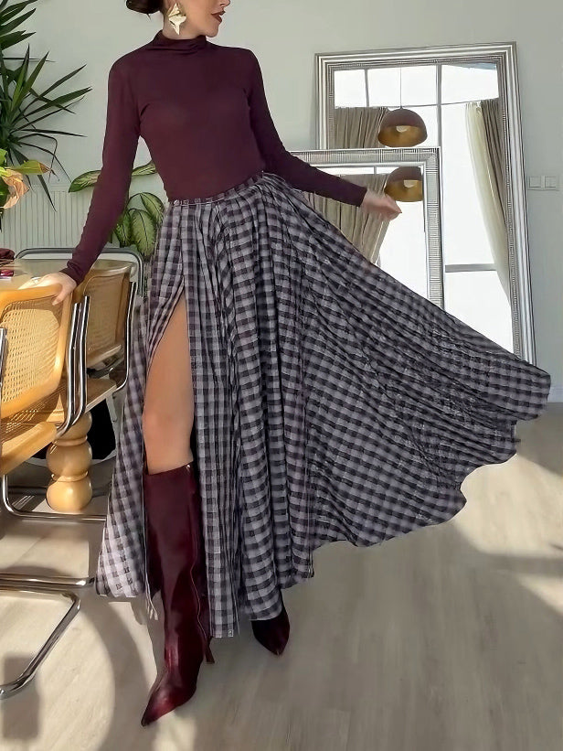 Elegant Plaid High-slit Maxi Skirt Two-piece Set