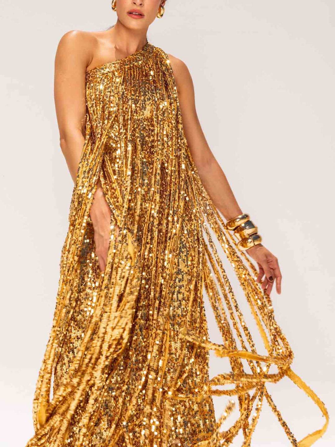 Elegant One-shoulder Neckline Tassel Sequin Maxi Dress
