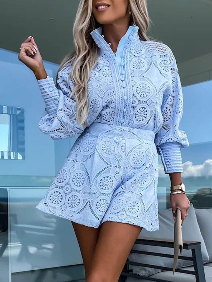 Casual Style Unique Single-Breasted Stand-Up Collar Lace Shorts Suit