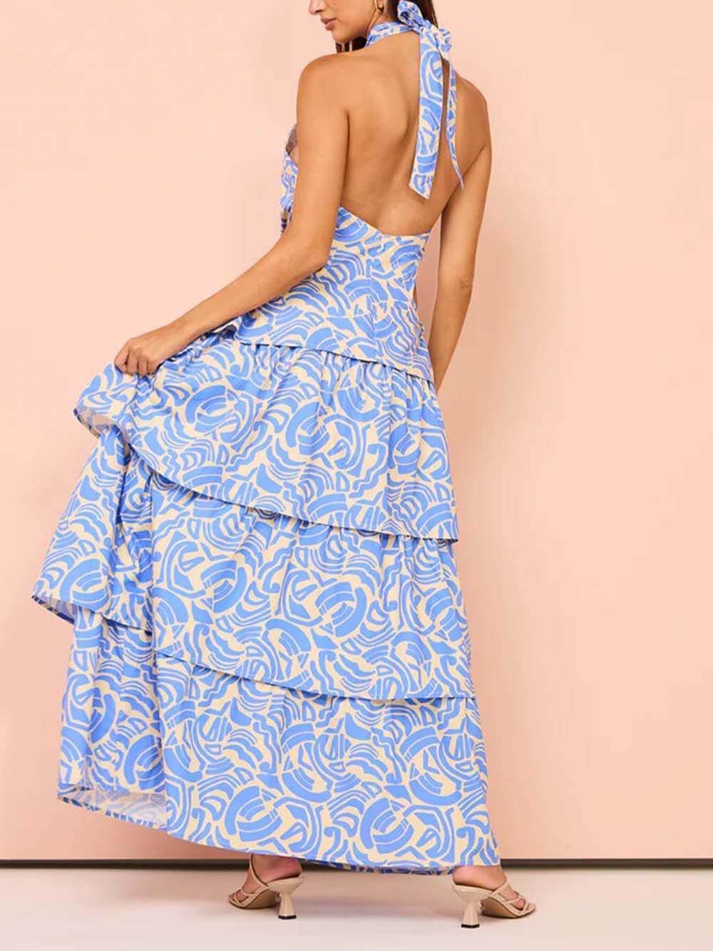 Delicate Blue Swirl Print Halter Neck Backless Maxi Dress