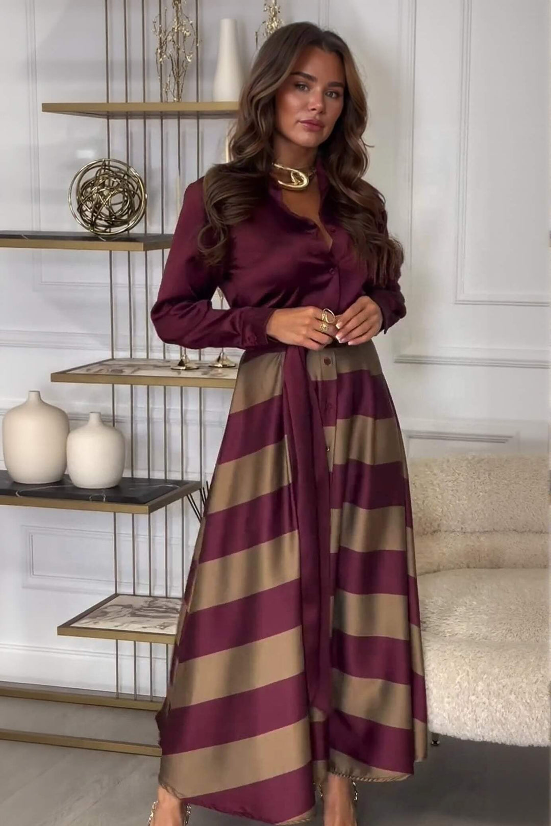 Exquisite Red Striped Print Patchwork Collared Maxi Dress