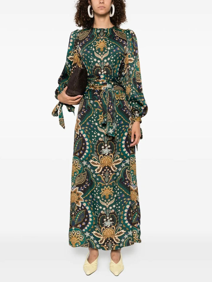 Exquisite Retro Paisley Print Belted Maxi Dress