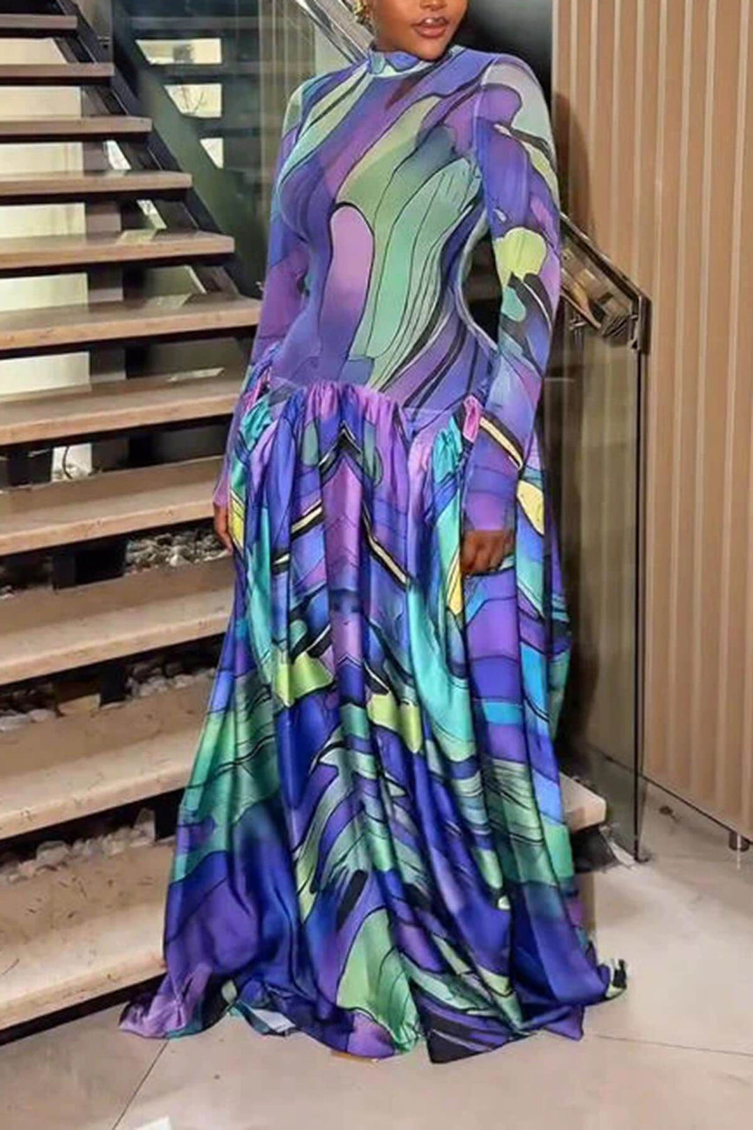 Unique Artistic Print Ruched Maxi Dress