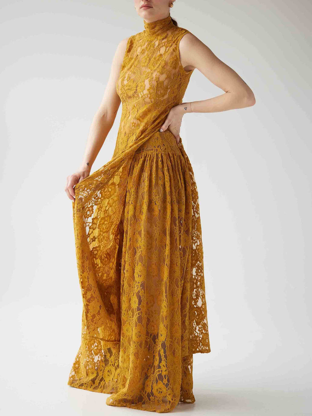 Elegant High-neck Lace Slit Long Top Two-piece Set