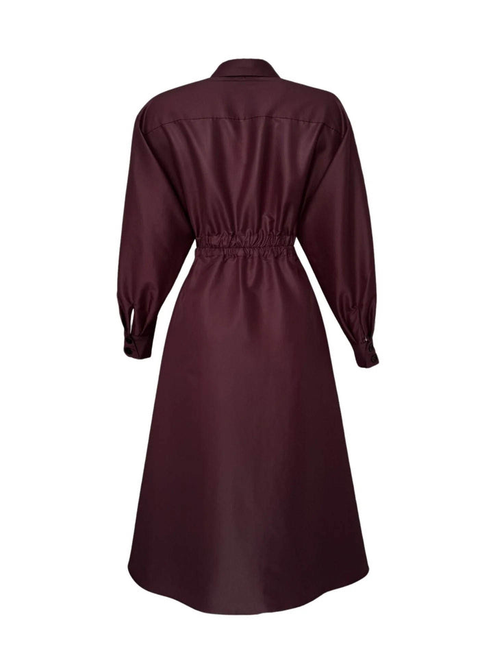 Elegant Collared Long-Sleeve A-Line Midi Dress