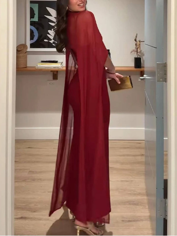 Sexy Burgundy V-neck Sleeveless Sheer Fit Shawl-Style Spaghetti Strap Maxi Dress