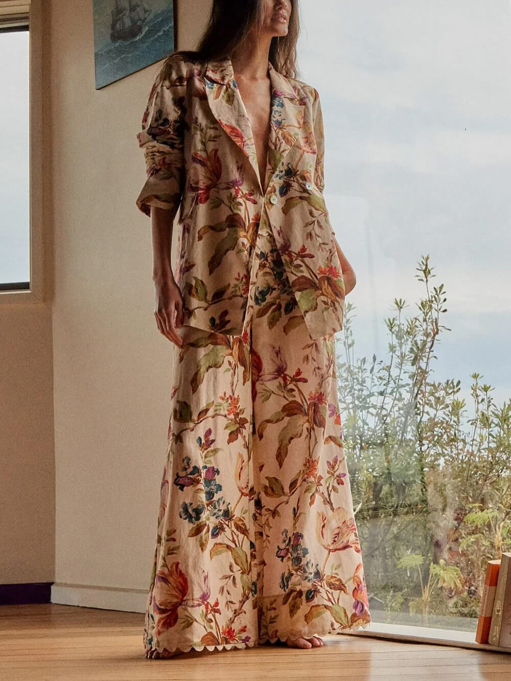 Exquisite Retro Floral Print High-Waisted Loose Pocket Wide-Leg Pants