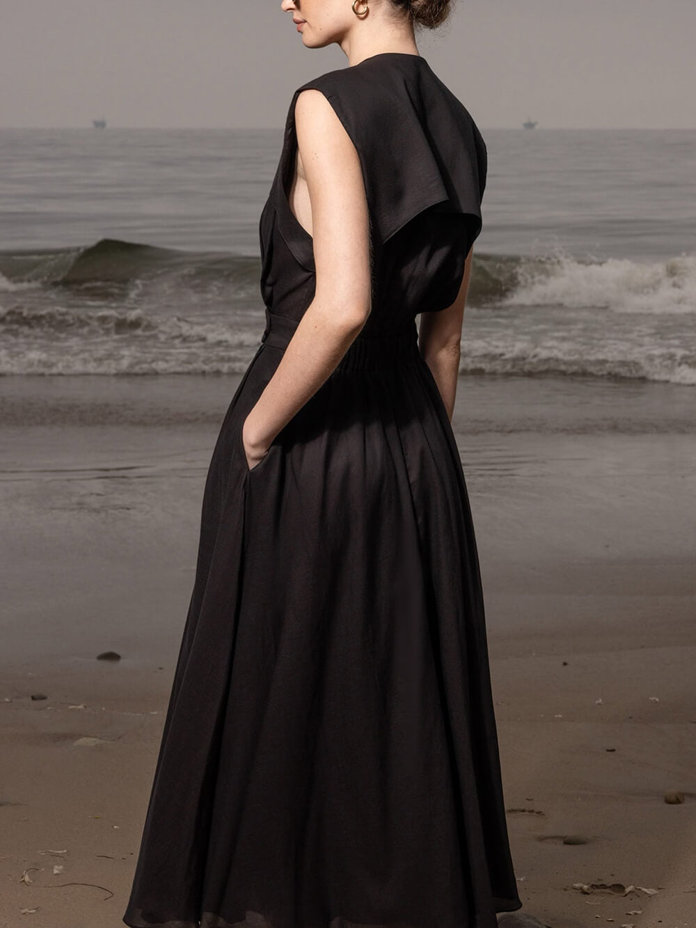 Elegant V-Neck Button-Detail Linen Midi Dress