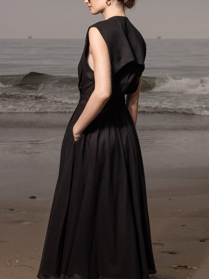 Elegant V-Neck Button-Detail Linen Midi Dress