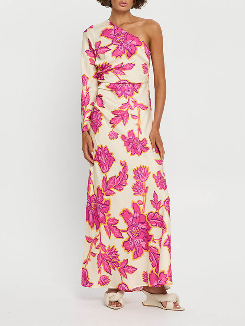 Unique Satin Floral Print One Shoulder Flared Maxi Dress