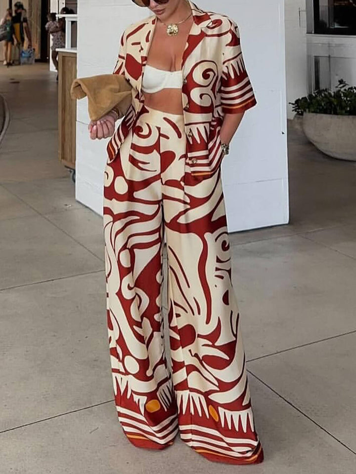 Unique Printed Satin High-Waisted Wide-Leg Pants