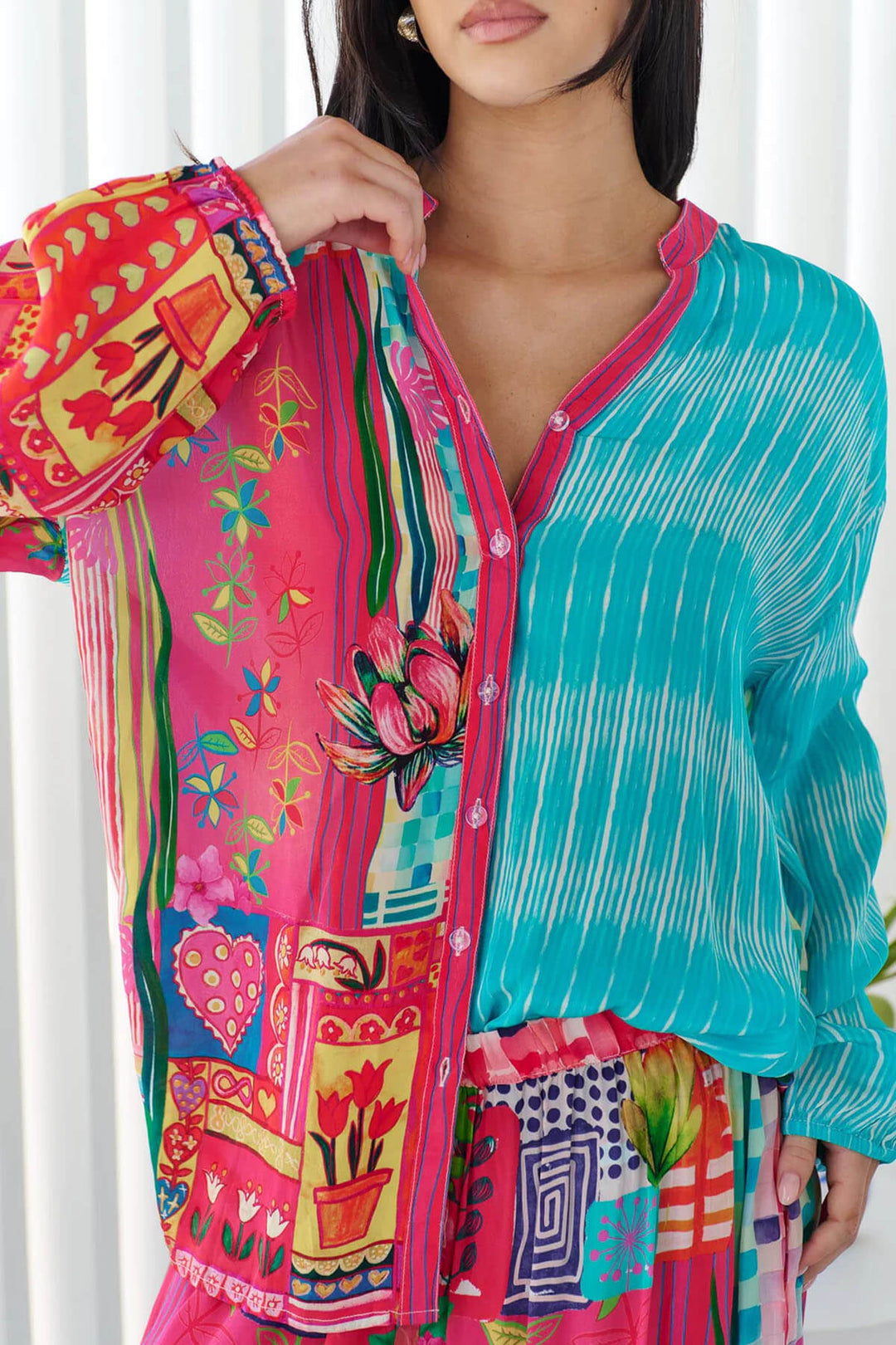 Unique Patchwork Print Button-Up Loose Fitting Shirt