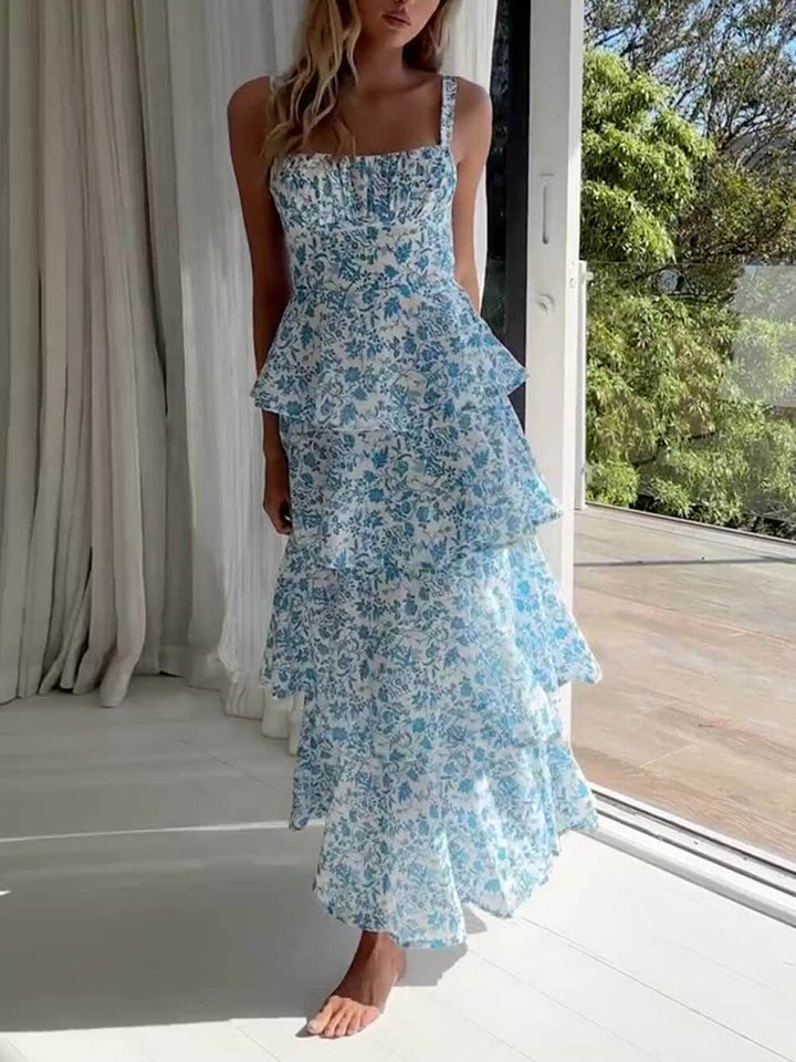 Fashion Sexy Floral Print Strap Layered Maxi Dress