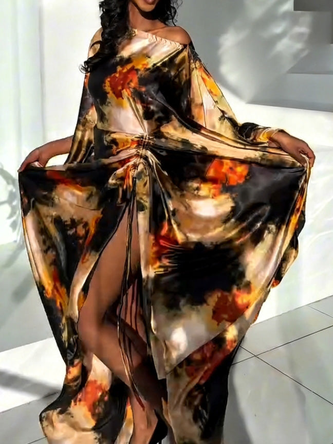 Elegant One-shoulder Tie-dye Printed Pleated Maxi Dress