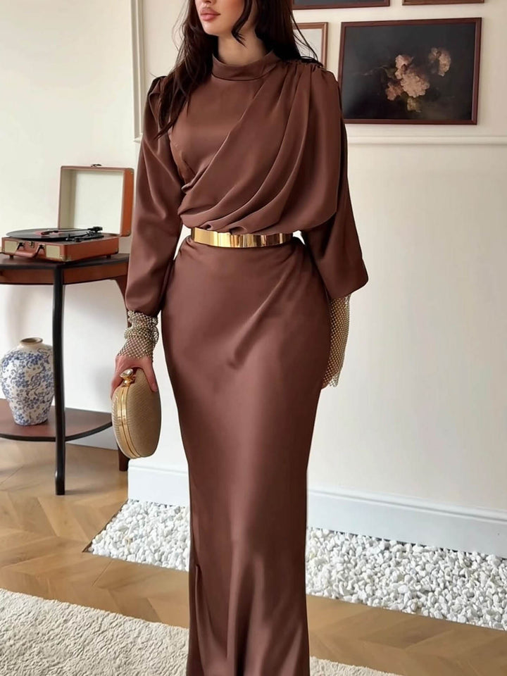Elegant Satin Long-sleeved Pleated Maxi Dress