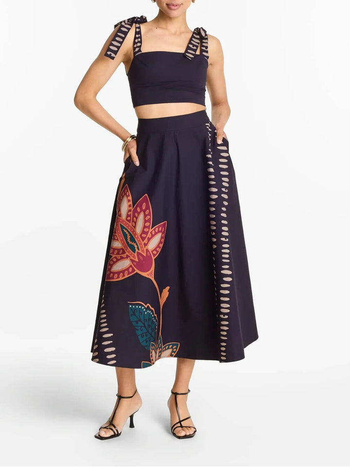 Exquisite Square-Neck Bow Tank Top And Printed A-Line High-Waist Midi Skirt Set
