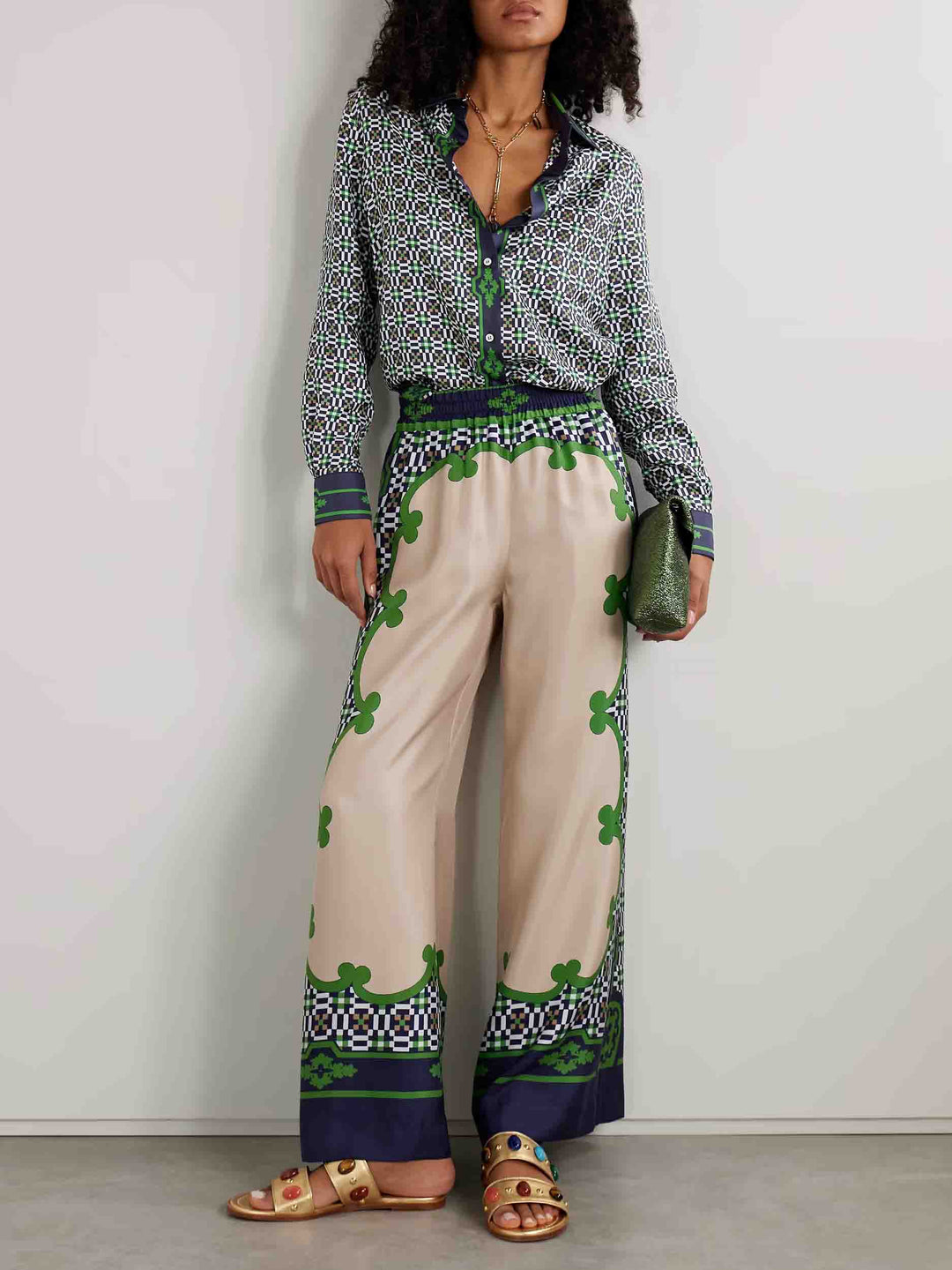 Unique Geometric Print Satin Wide-leg Pants
