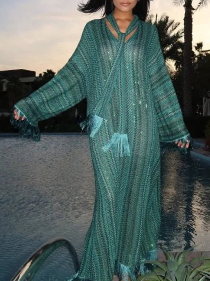 Elegant Printed V-Neck Fringe-Paneled Summer Beach Maxi Dress