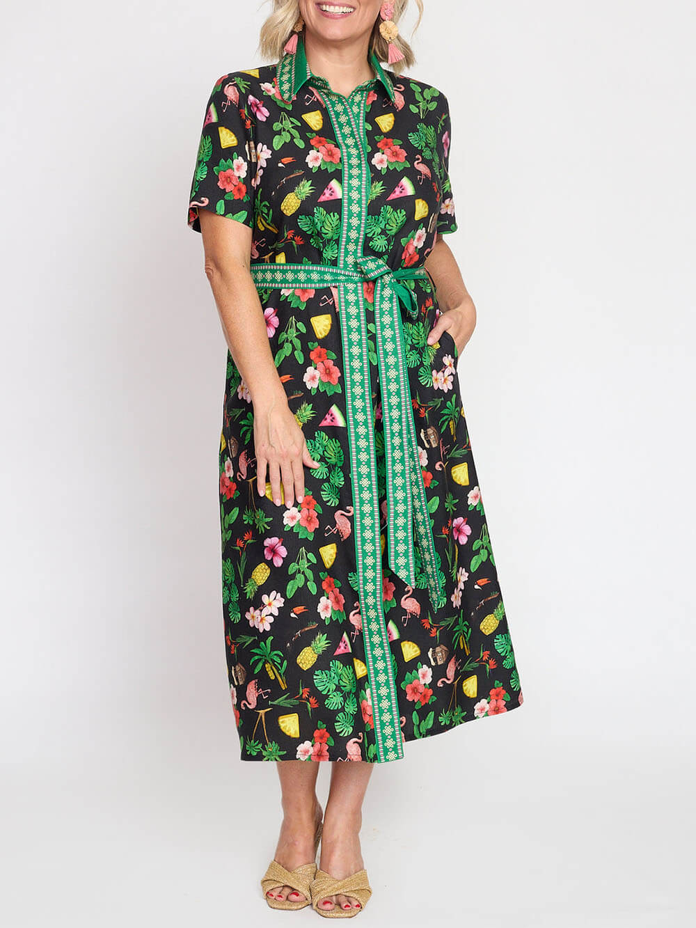 Modern Fruity Floral Unique Print Loose Tie Midi Shirtdress