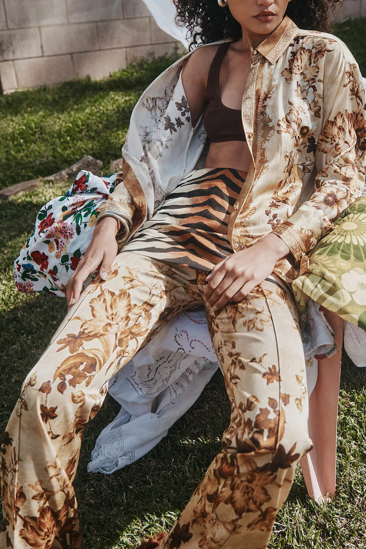 Unique Modern Floral Print High-Waisted Pocket Straight-Leg Pants