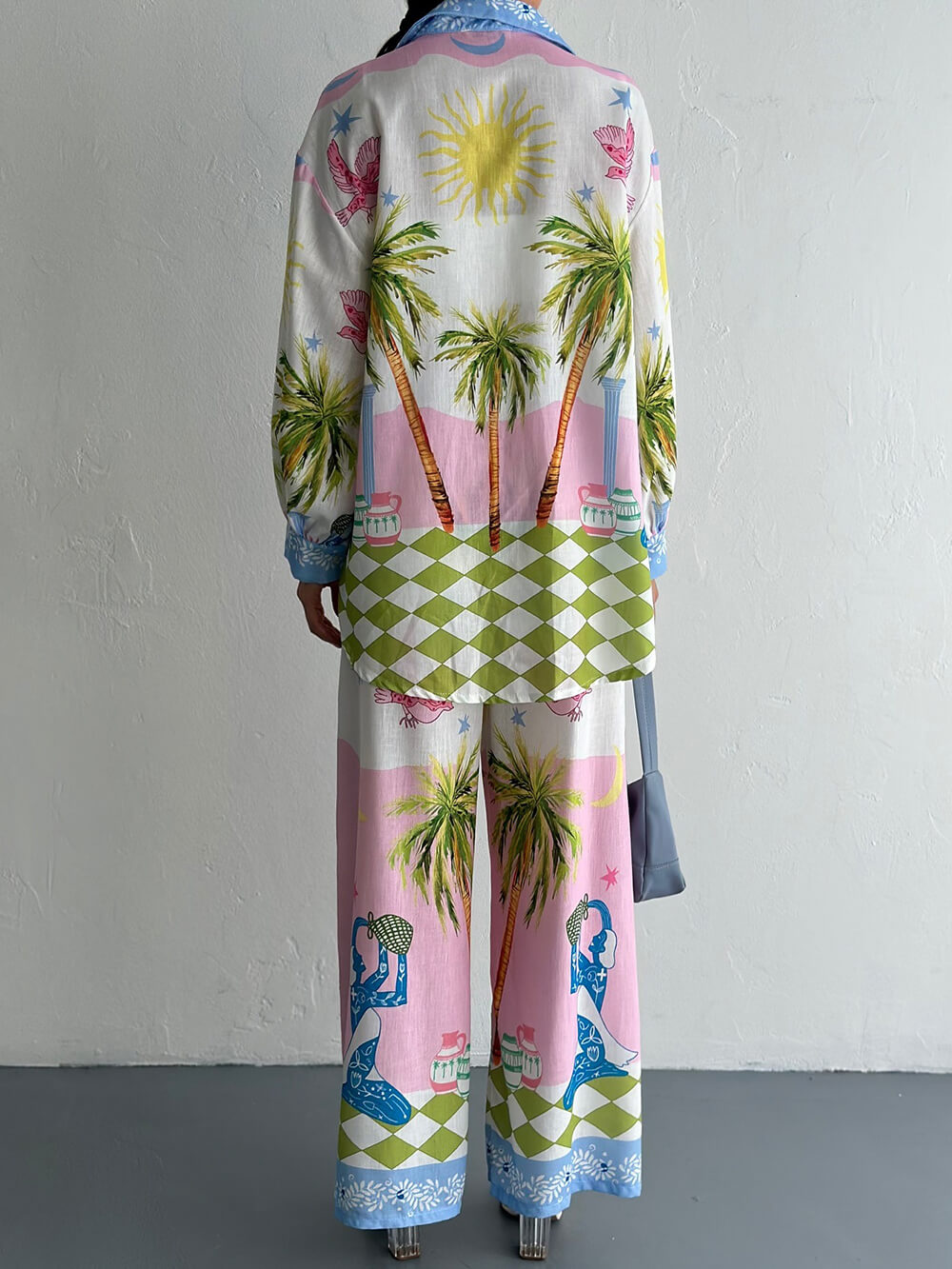 Unique Coastal Palm Tree Print Wide-Leg Pants
