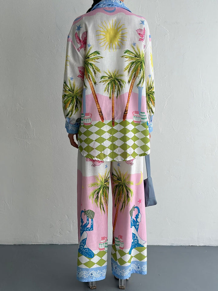 Unique Coastal Palm Tree Print Wide-Leg Pants