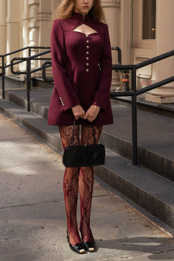 Exquisite Hollowed-out Button-down Slim-fit Mini Dress