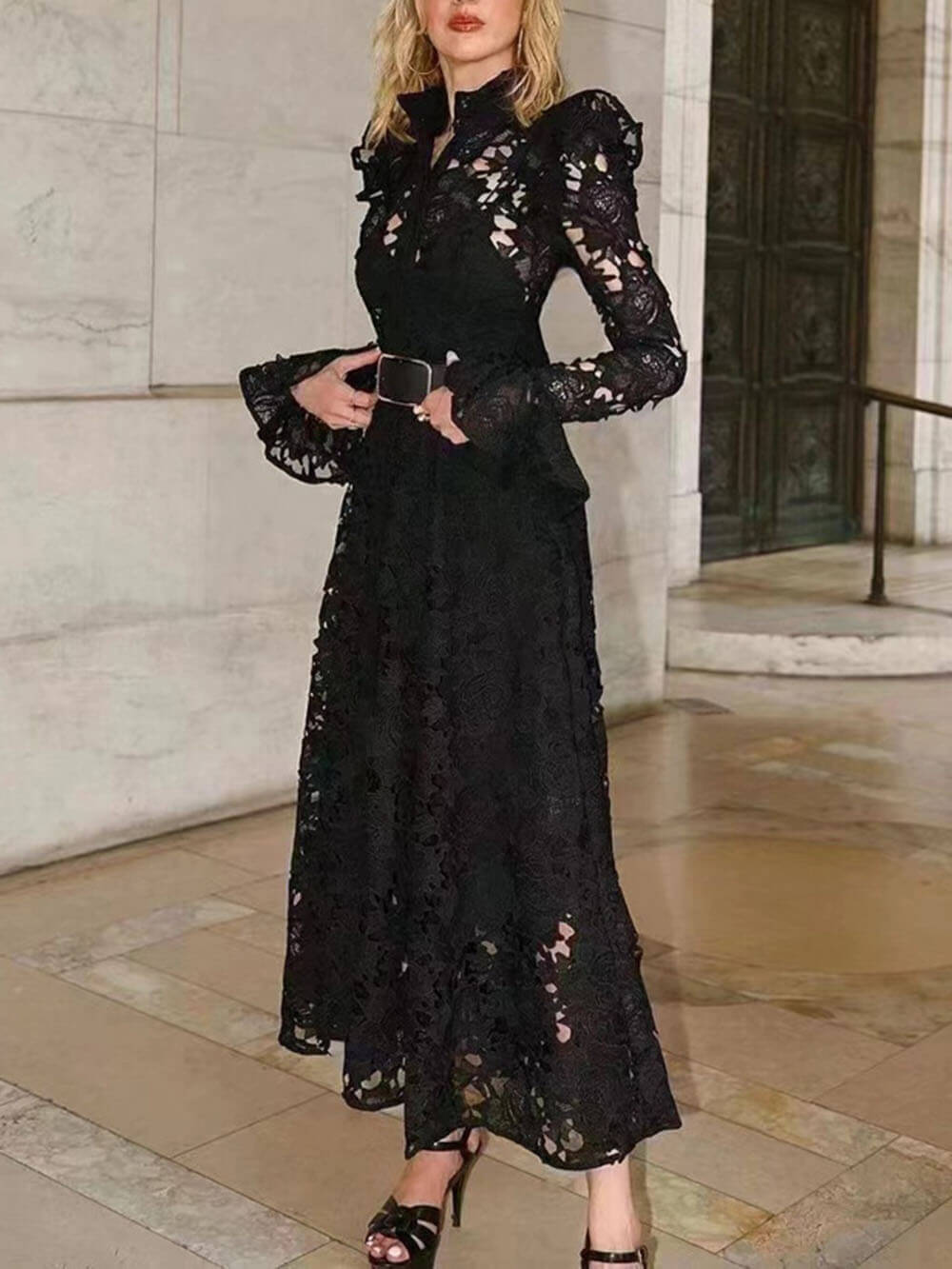 Elegant Hollow Lace Trumpet Sleeve Party Evening Gown Maxi Dress