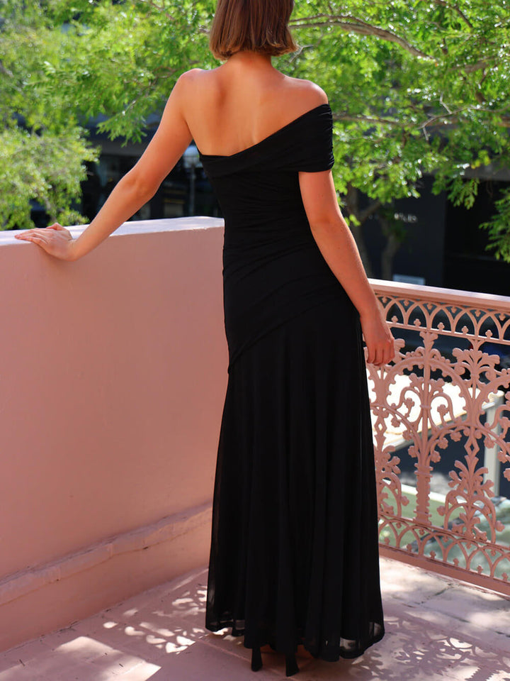 Elegance Effortless  Mesh Off Shoulder Ruched Stretch Maxi Dress