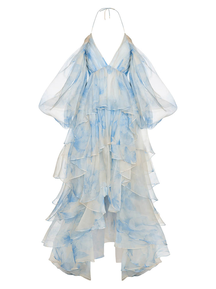 Elegant Printed Layered Asymmetrical Backless Maxi Dress