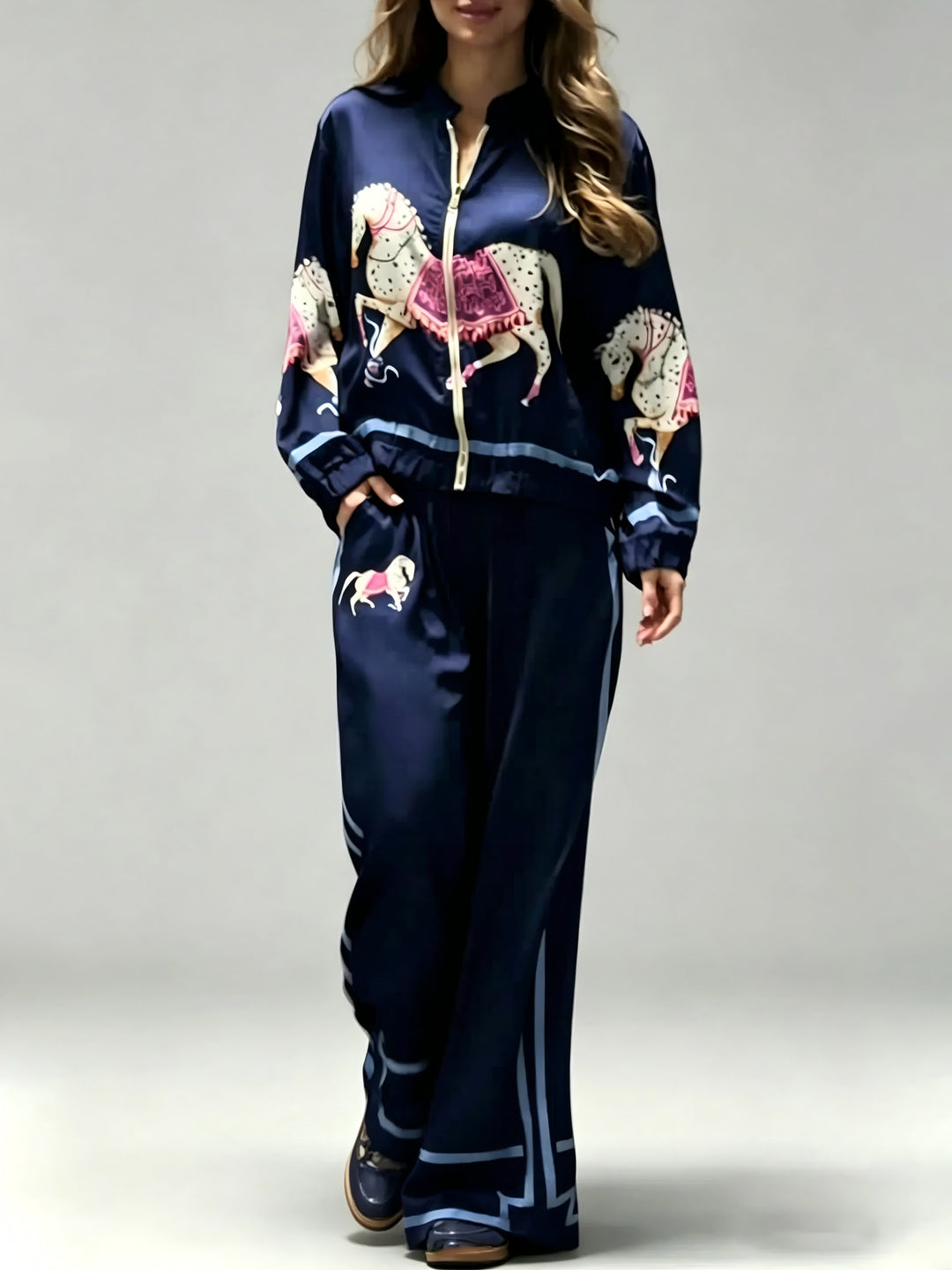 Exquisite Satin Horse Print Zip-Up Shirt
