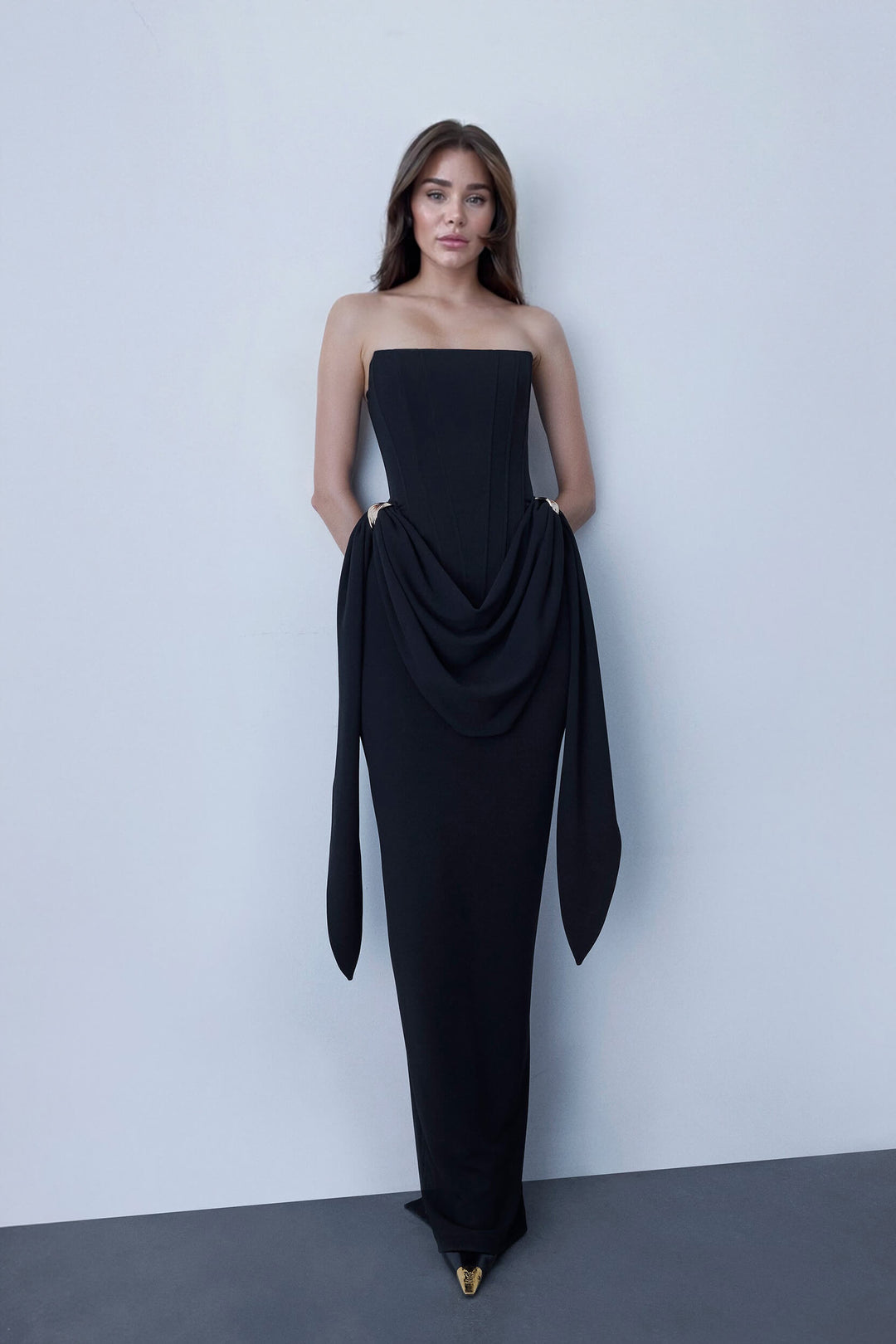 Elegant Black Strapless Ruched Metal Buckle Detail Maxi Dress
