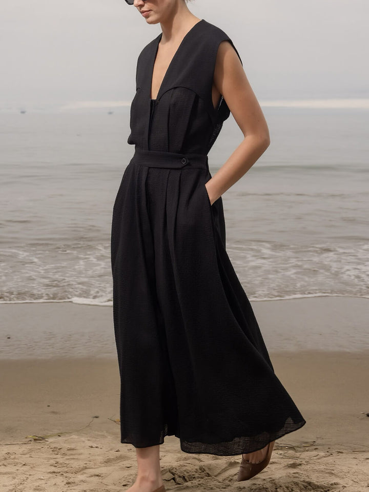Elegant V-Neck Button-Detail Linen Midi Dress