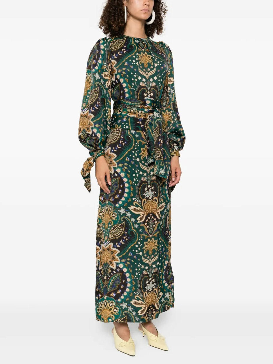 Exquisite Retro Paisley Print Belted Maxi Dress