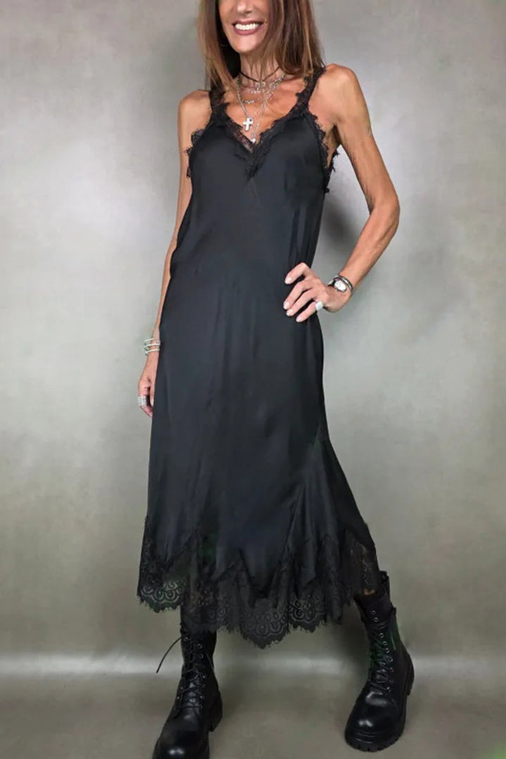 Fashion Lace-Trimmed Spaghetti Strap Casual Midi Dress